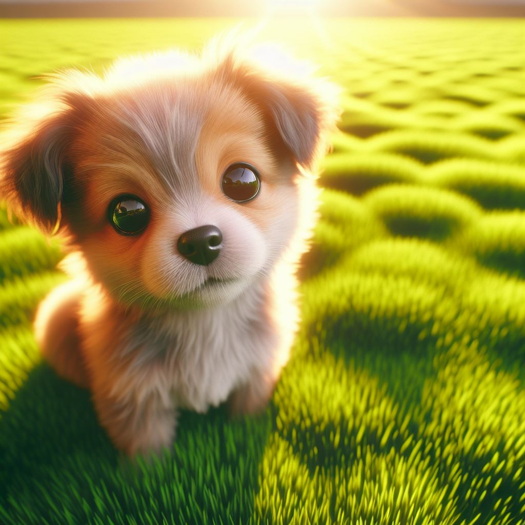 Generate a photorealistic image of a cute puppy with expressive eyes, sitting on a vibrant green grass field, bathed in warm sunlight, casting a soft shadow.