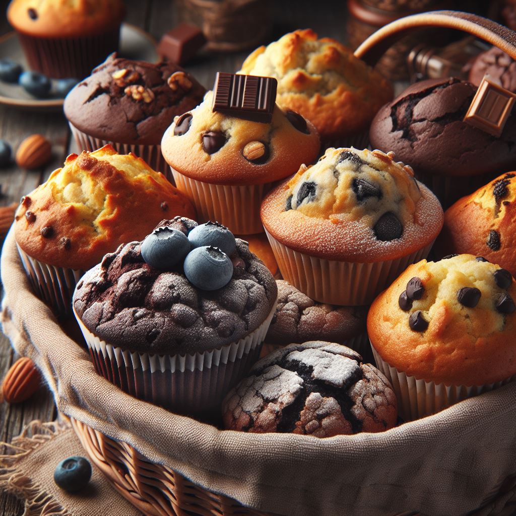 A rustic basket filled with warm, freshly baked muffins of various flavors, such as blueberry, banana nut, and chocolate chip. Showcase the homely charm and irresistible aroma of these homemade delights.