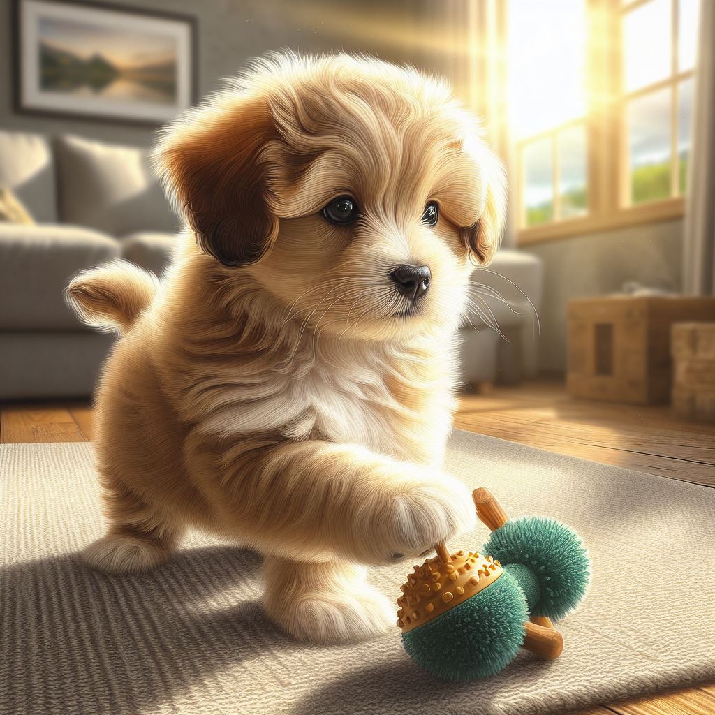Create a highly detailed, lifelike picture of a fluffy, adorable puppy playing with a squeaky toy in a cozy living room with sunlight streaming through a nearby window, highlighting its fur texture.