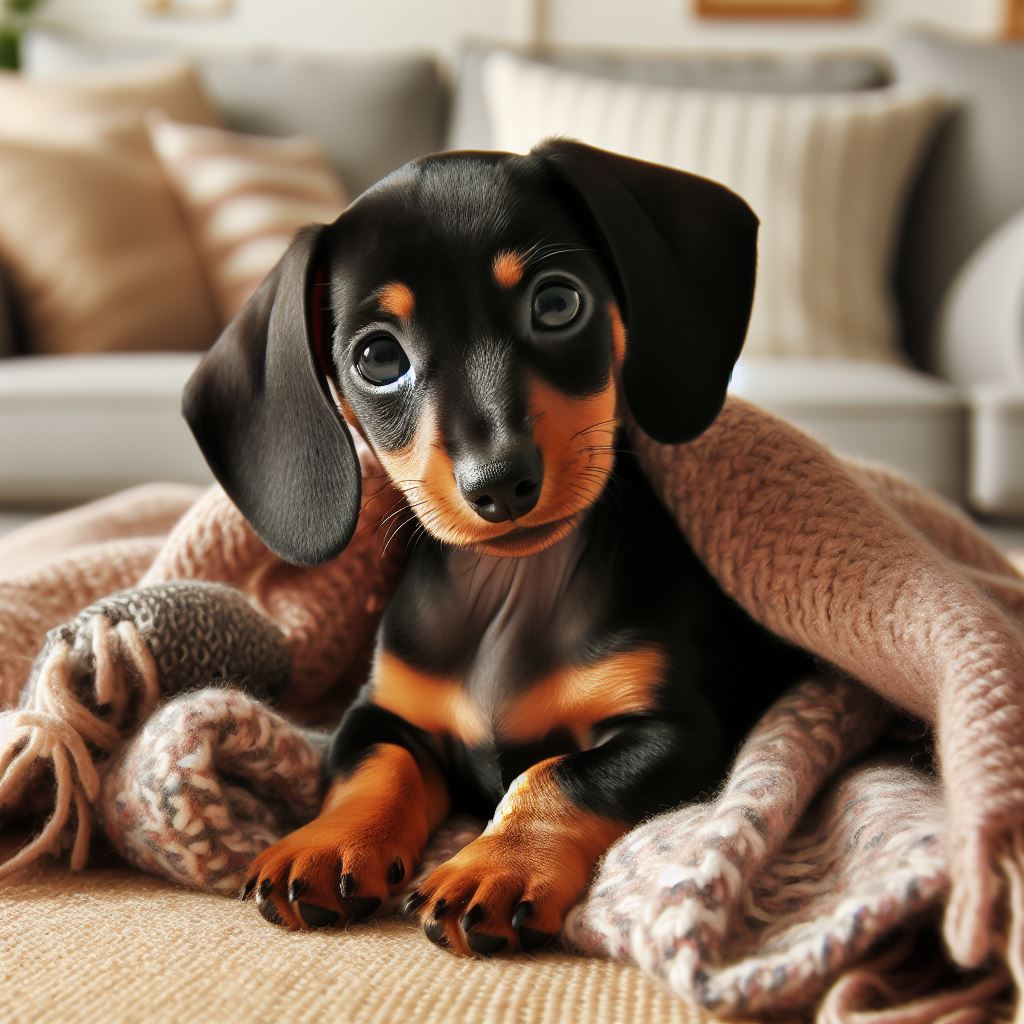 Create an adorable image of a tiny Dachshund puppy with a sleek, shiny black and tan coat, playfully peeking out from a cozy blanket in a well-lit living room setting.