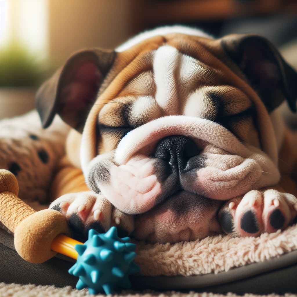 Produce a heartwarming image of a wrinkled Bulldog puppy with a smushy face, comfortably sleeping on a plush bed with a favorite chew toy nearby, capturing the essence of peaceful slumber.