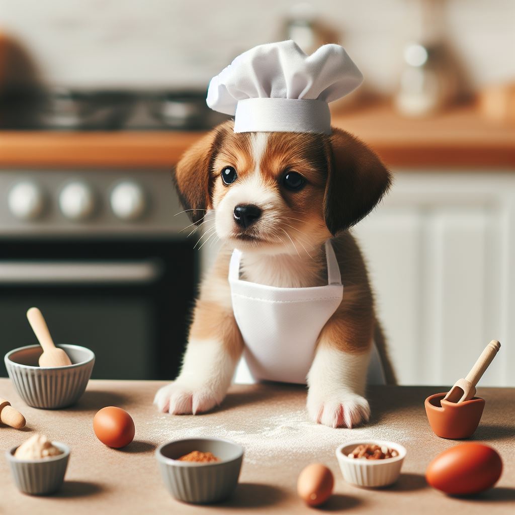Picture a cute puppy wearing a tiny chef's hat and apron, standing on its hind legs with its front paws on a kitchen counter. The counter is scattered with miniature baking ingredients, and the puppy seems eager to bake some delicious treats.