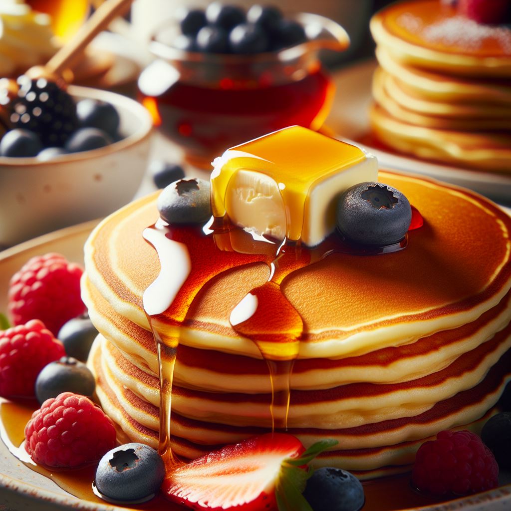 Close-up shot of a stack of golden pancakes topped with a melting pat of butter and drizzled with maple syrup. Surround the pancakes with fresh berries and a dollop of whipped cream, showcasing the irresistible appeal of a delicious breakfast.