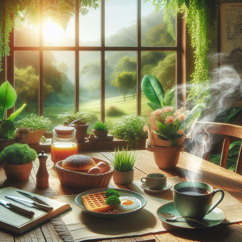 Convey the tranquility of a delicious breakfast enjoyed in a serene setting. Showcase a cozy breakfast nook with a steaming cup of tea or coffee, surrounded by lush greenery or overlooking a peaceful landscape. Emphasize the calm and joy that a delightful morning meal brings.