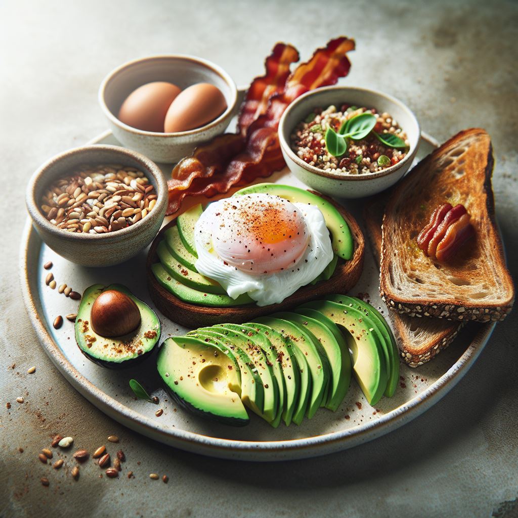 An artfully arranged plate featuring a perfectly poached egg resting on a bed of creamy avocado slices, accompanied by crispy bacon strips and a side of multigrain toast. Showcase the wholesome and savory elements of a delectable breakfast.